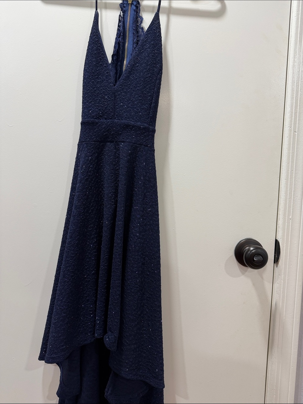 Windsor Navy High-Low Lace-Back Evening Dress